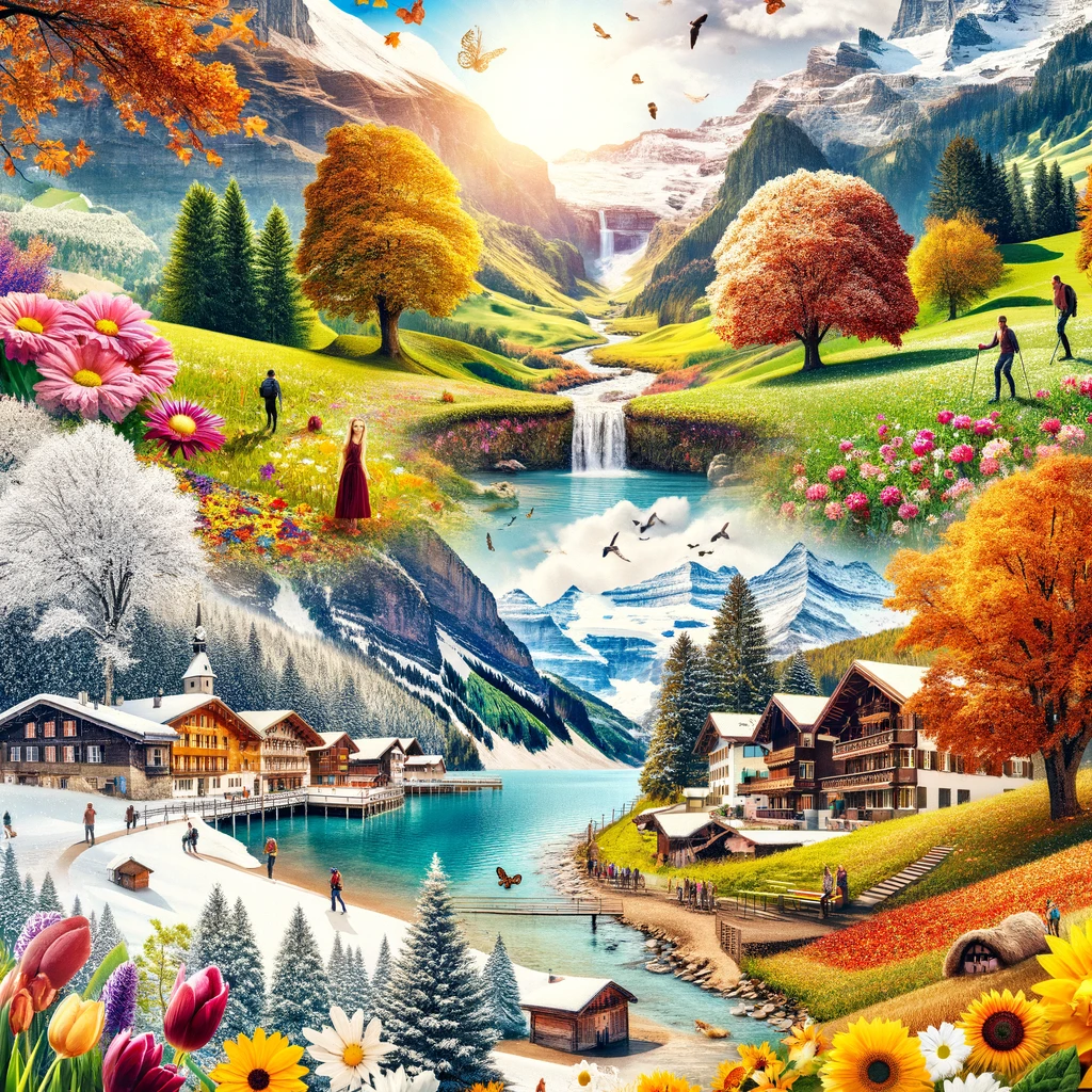 A collage depicting the variety and beauty of Switzerland through all four seasons.