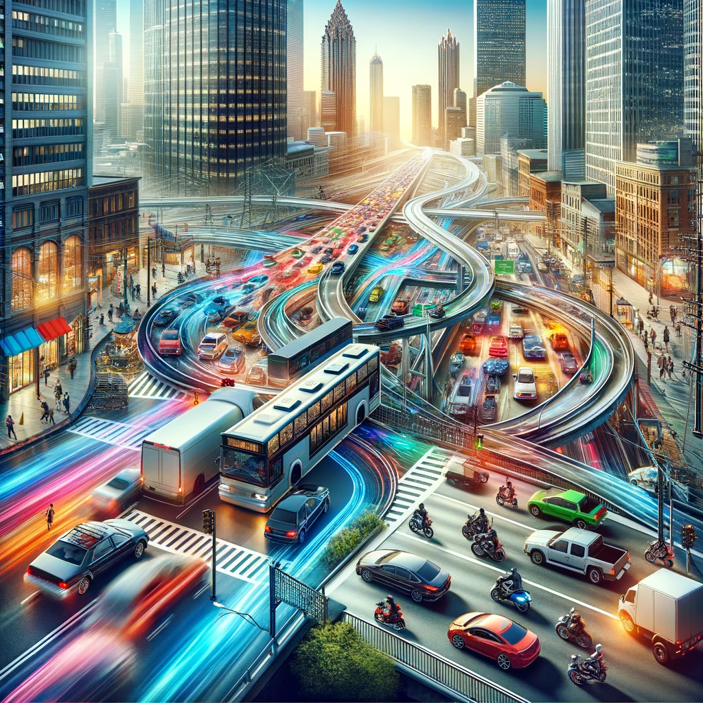 Depicts the complexities of traffic in Atlanta, highlighting congestion and the diverse vehicles navigating the city's streets.