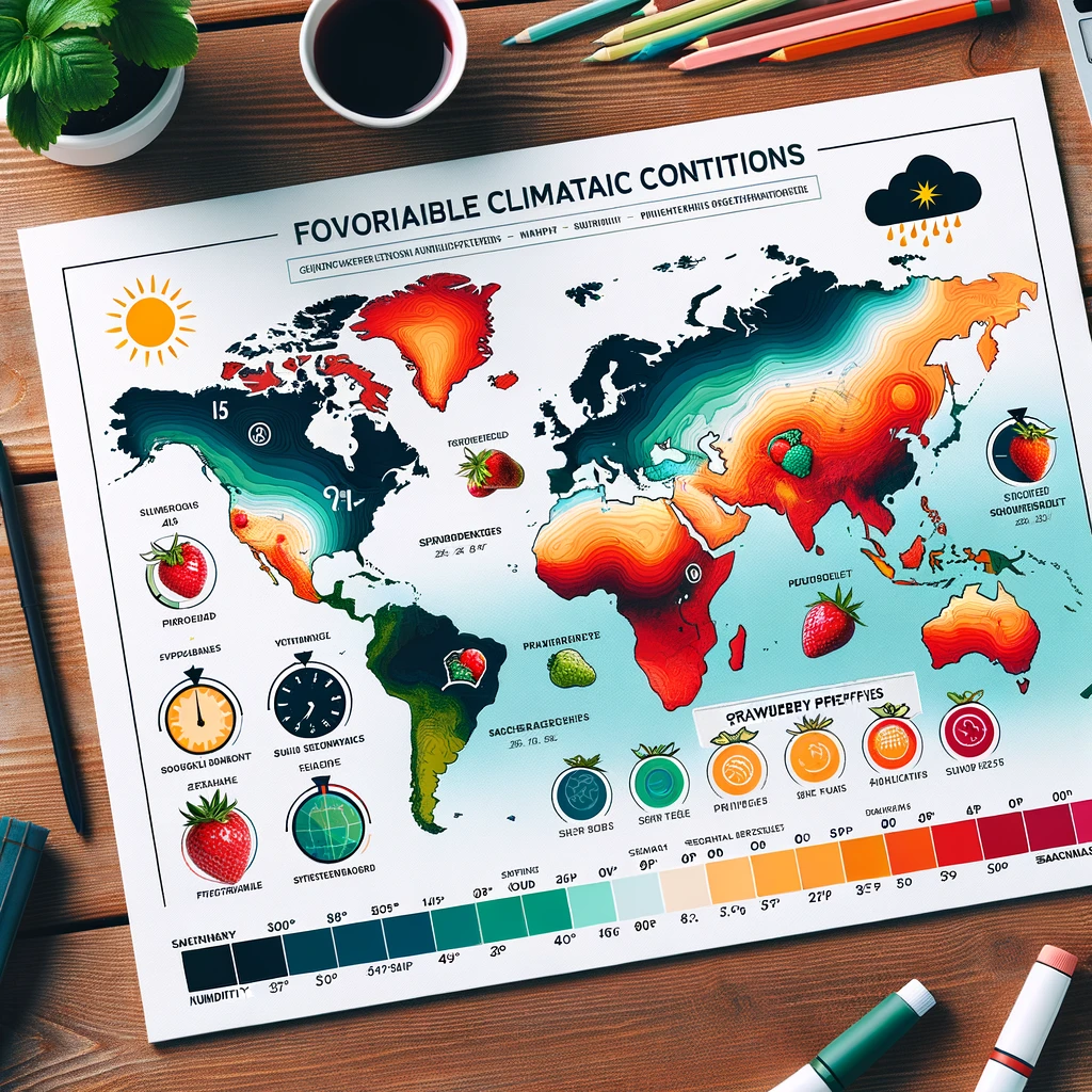 A visual guide illustrating the favorable climatic conditions for strawberries on a world map.