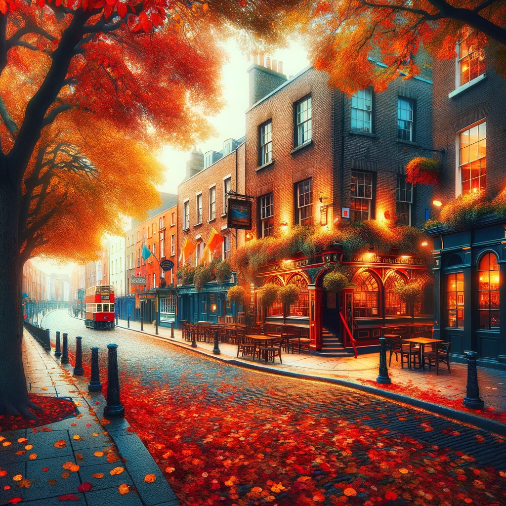 Autumn Charm And Beauty In Dublin: A scenic view of Dublin's colorful streets lined with autumn leaves, perhaps with a cozy pub in the background.