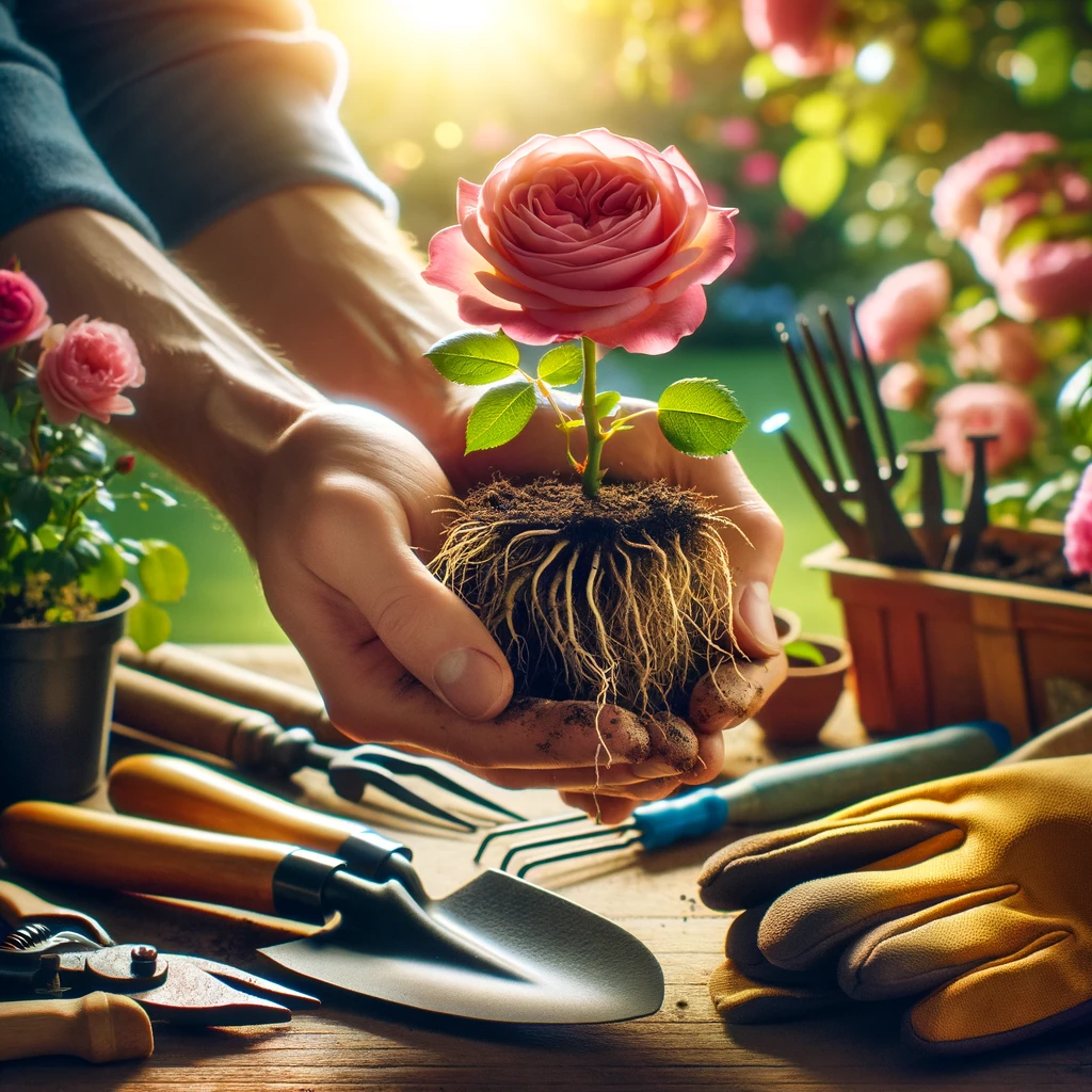 Roses: Beauty and Precision in Transplanting - An image showcasing a pair of hands gently holding a blooming rose, ready to be transplanted, with gardening tools in the background. This captures the delicate and precise nature of transplanting roses.