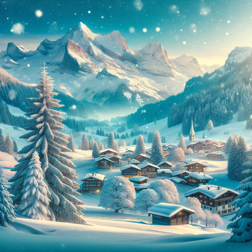 A breathtaking view of a snow-covered Swiss landscape, embodying the magical winter season.