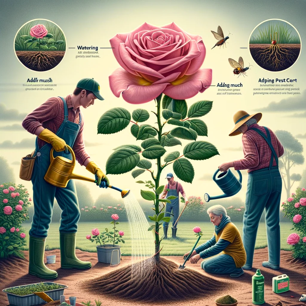 Post-Transplant Care - A nurturing image depicting the care for a rose after transplantation, such as watering, adding mulch, and protection from pests.