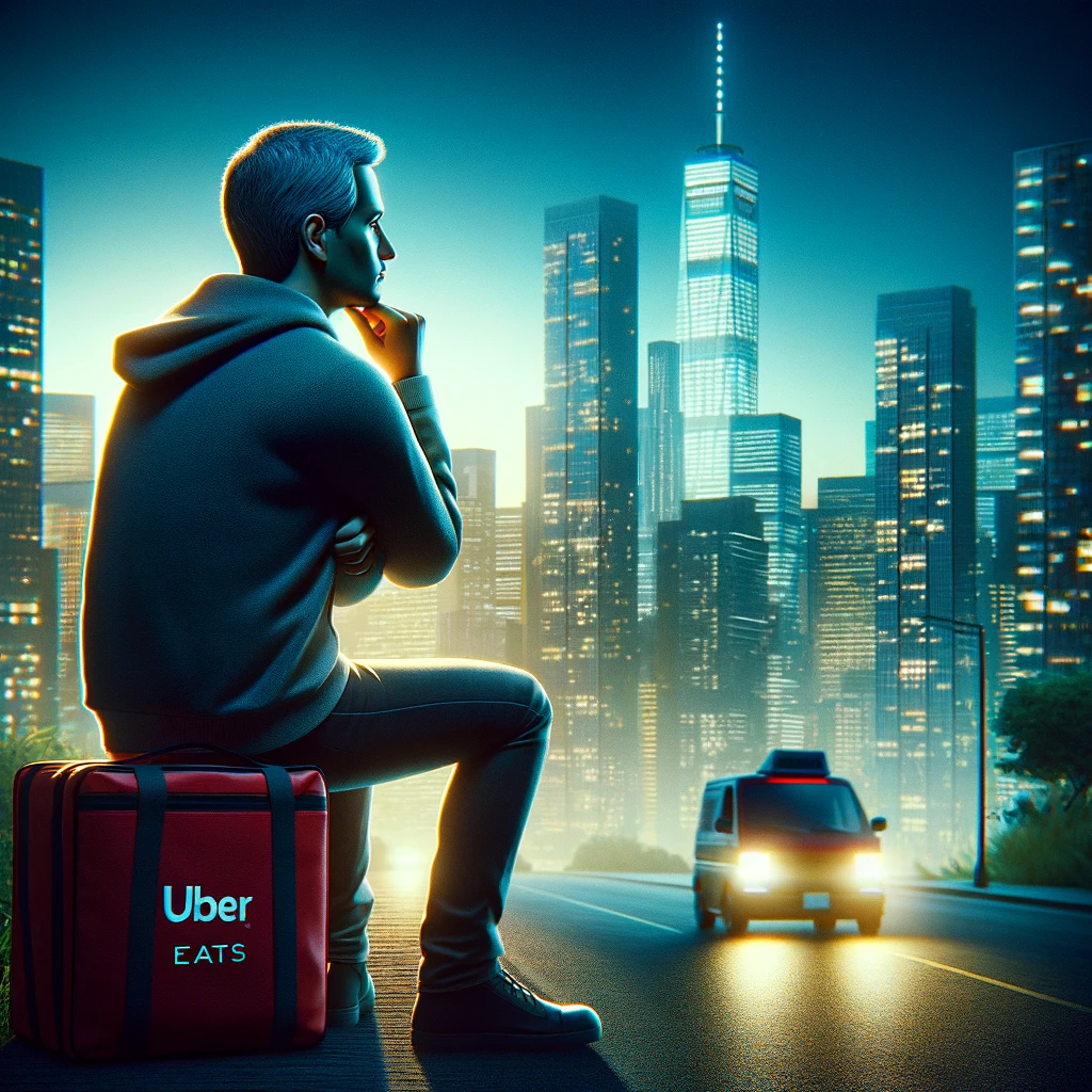 Exploring Different Perspectives: The Least Profitable Times For Delivery:
A reflective image of an Uber Eats driver during off-peak hours, contemplating the city skyline, representing the consideration of less profitable times for delivery.