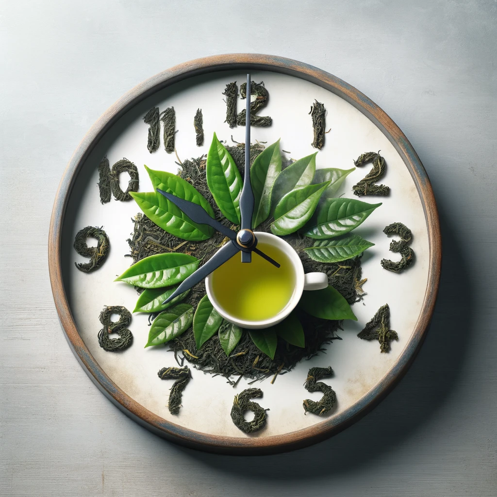 Timing Matters: Best Time To Drink Green Tea:
An analog clock with tea leaves instead of numbers and a steaming cup of green tea at the hour hand, indicating the optimal times to drink green tea.