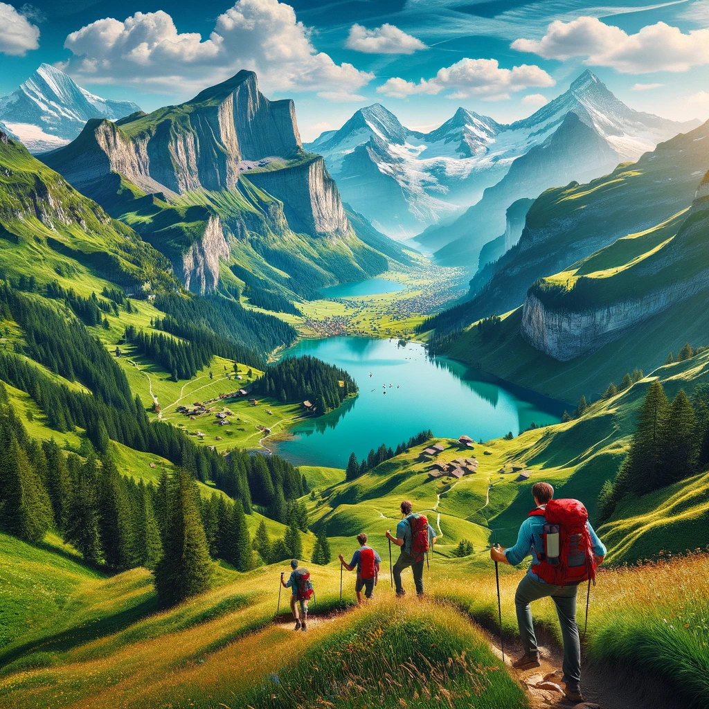 An adventurous depiction of summer explorations in the Swiss landscape, highlighting outdoor activities.