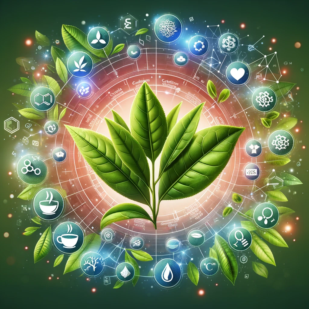 Understanding Green Tea’s Components:
An illustration of green tea leaves surrounded by floating icons representing key components like catechins, caffeine, and antioxidants.