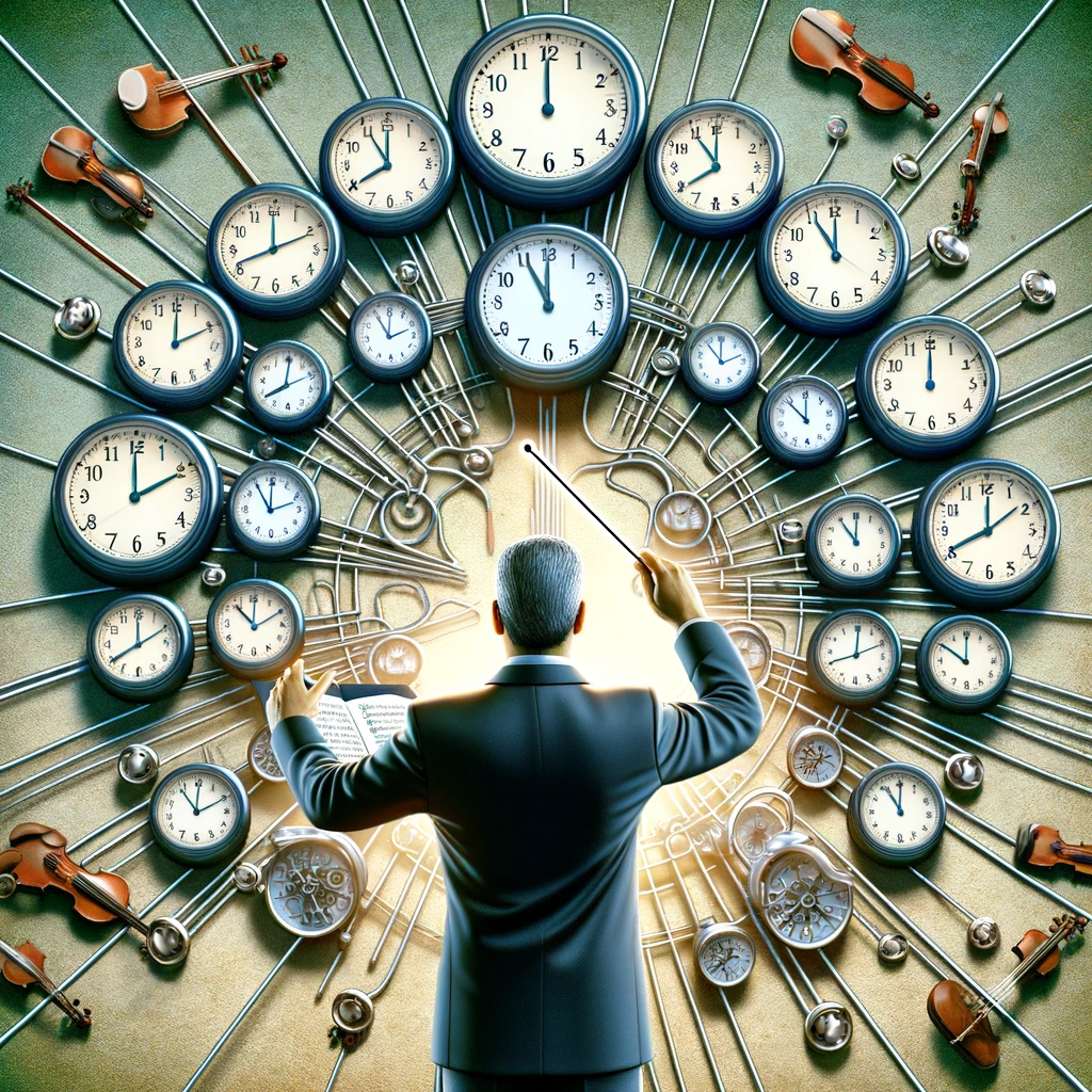 Mastering Time Management For Efficient Deliveries:
A visual metaphor featuring an Uber Eats driver as a conductor of an orchestra of clocks, symbolizing the skill of time management in coordinating deliveries efficiently.