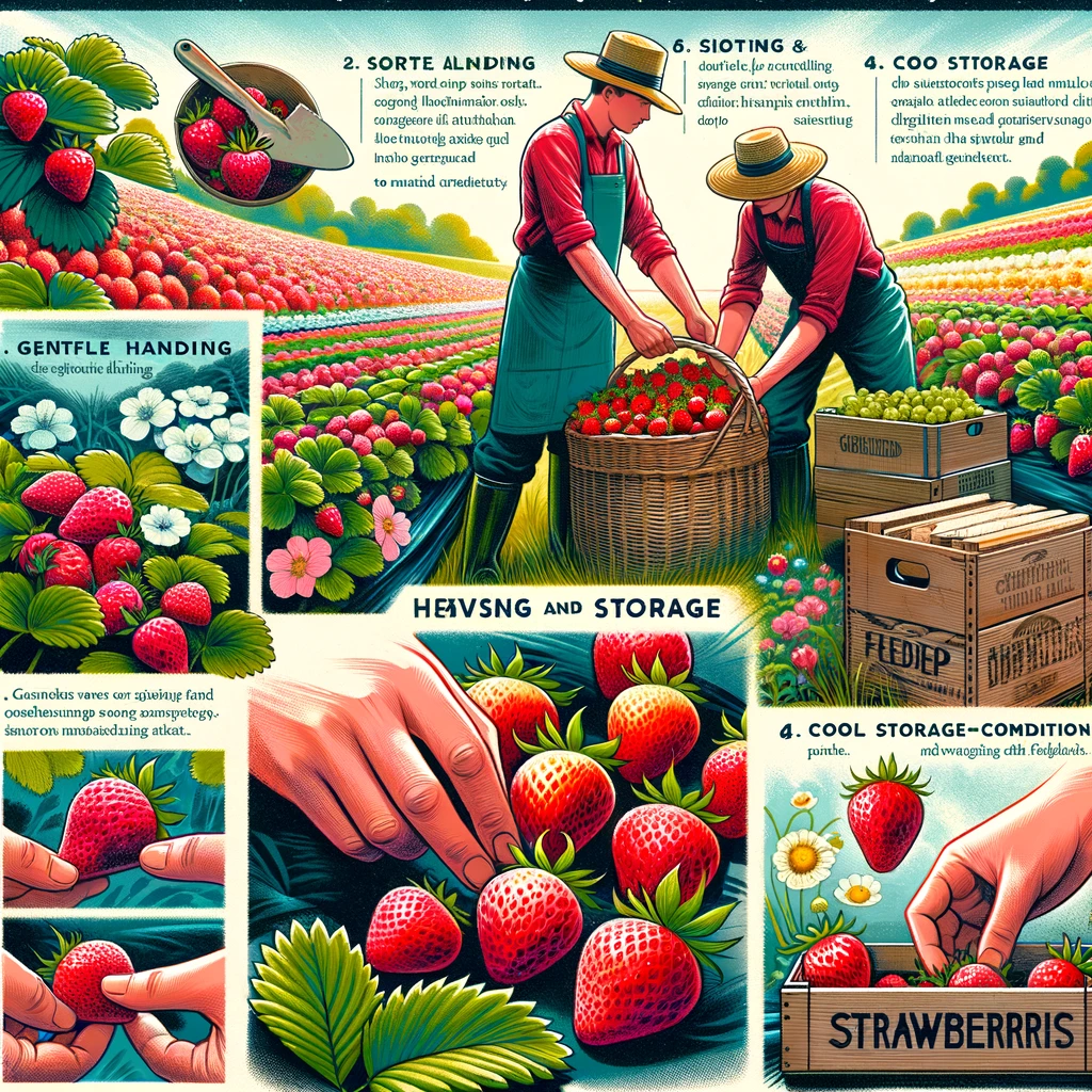 Depicting the harvesting and storage processes for strawberries, with tips on maintaining freshness.