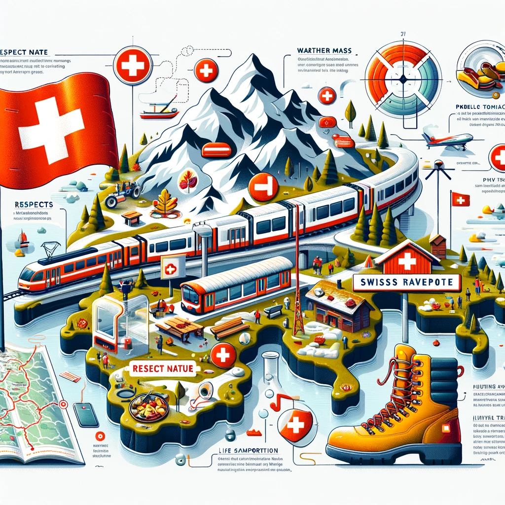 An informative illustration providing essential travel tips for visitors to Switzerland.