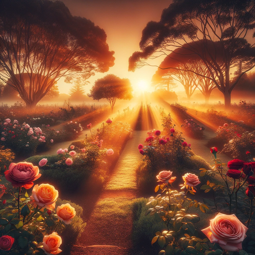 Background - An image depicting a tranquil rose garden at sunrise, symbolizing the historical and natural backdrop of rose cultivation.