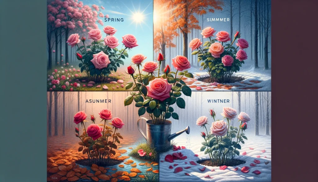 Seasons For Transplanting Roses - A collage of roses in four distinct seasonal settings, showcasing the best environmental conditions for transplanting in spring, summer, autumn, and winter.