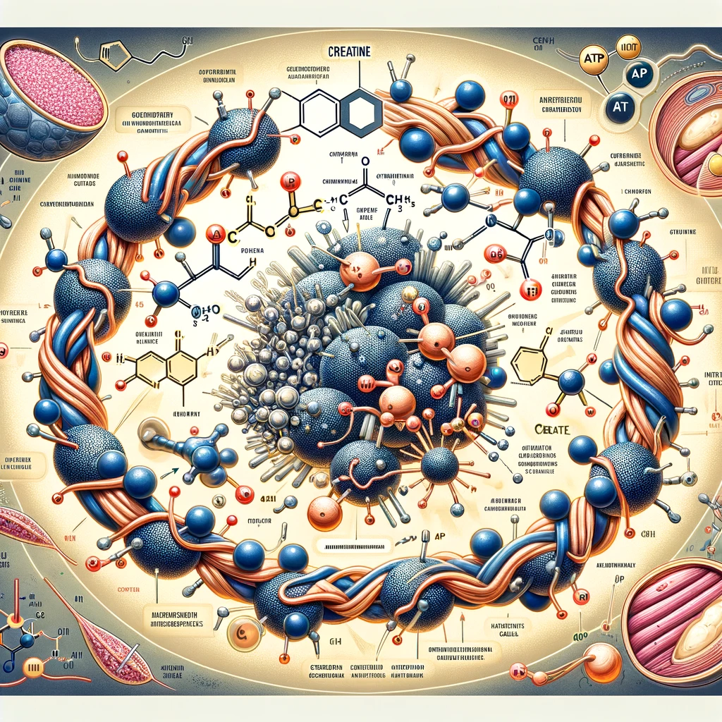 A detailed scientific illustration showcasing the molecular structure of creatine and its role in energy production within muscle cells.