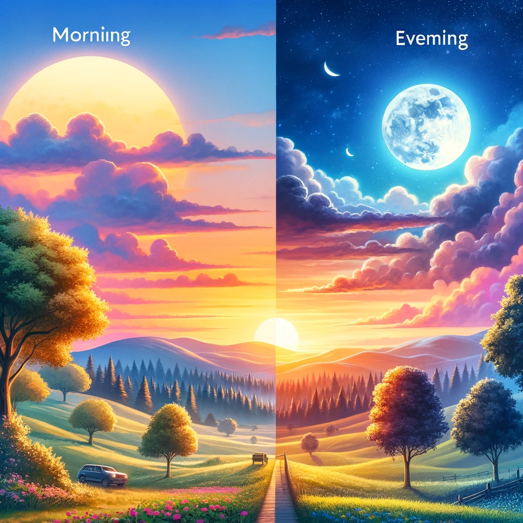 Morning Vs. Evening: Finding The Best Time: A serene landscape depicting the transition from sunrise to moonlit night, representing the ongoing debate on whether morning or evening is the best time for vitamin consumption.