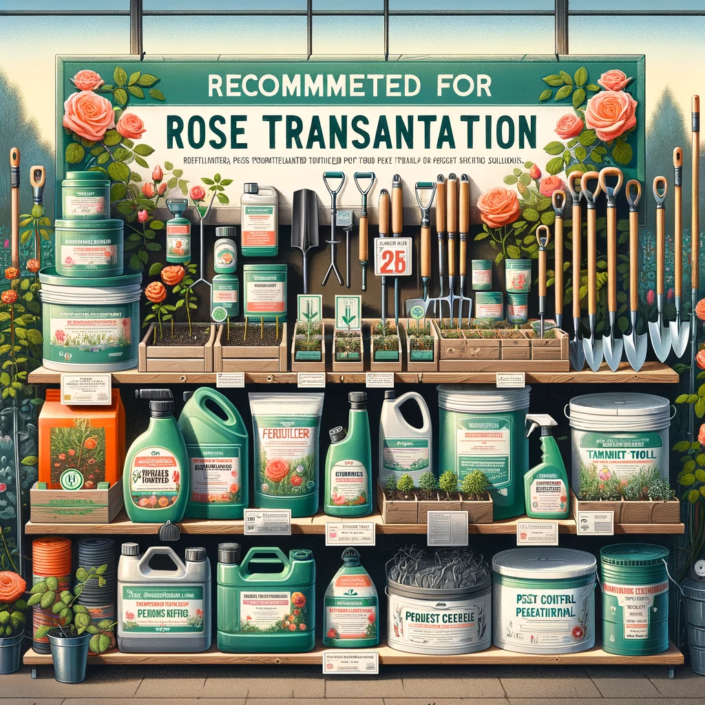 Product Recommendations - Displaying recommended products for rose transplantation, including fertilizers, tools, and pest control solutions.