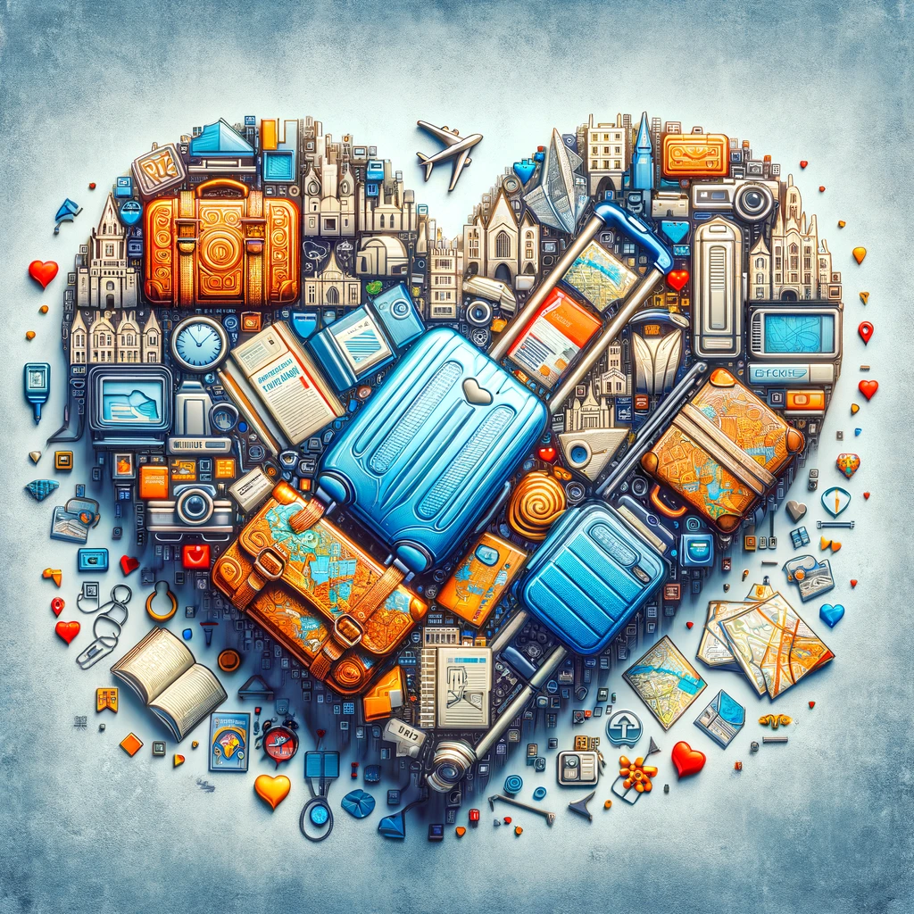 Key Dublin Travel Planning Tips And Resources: A collection of travel icons like suitcases, maps, and guidebooks, forming the shape of a heart to represent the joy of travel.