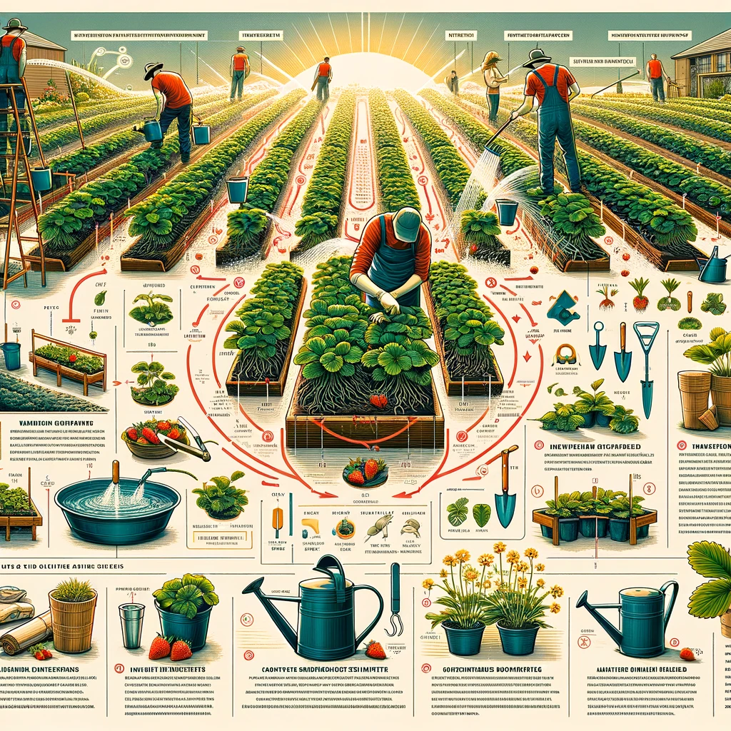 Visual representations of care requirements specific to strawberry plants for optimal growth.