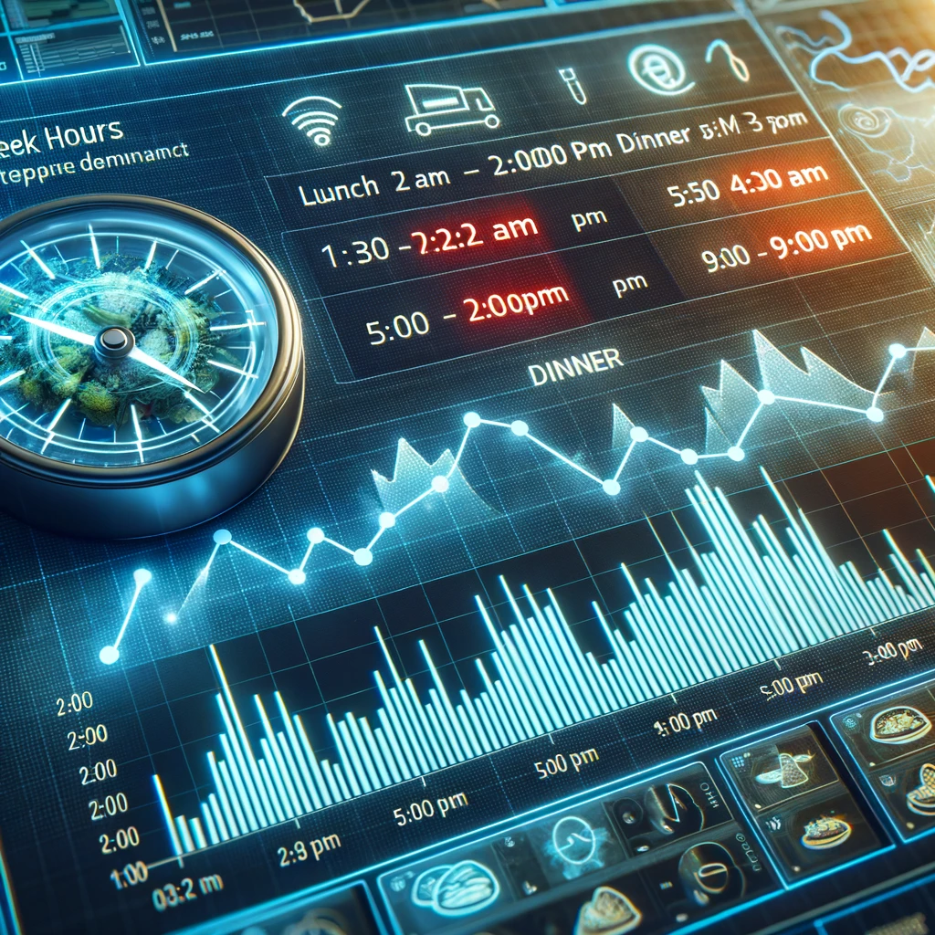 Analyzing Peak Hours:
An image of a graph highlighting the peak hours for Uber Eats deliveries, with spikes during lunch and dinner times. The background features a digital interface or app, reflecting the analytical aspect of determining peak hours