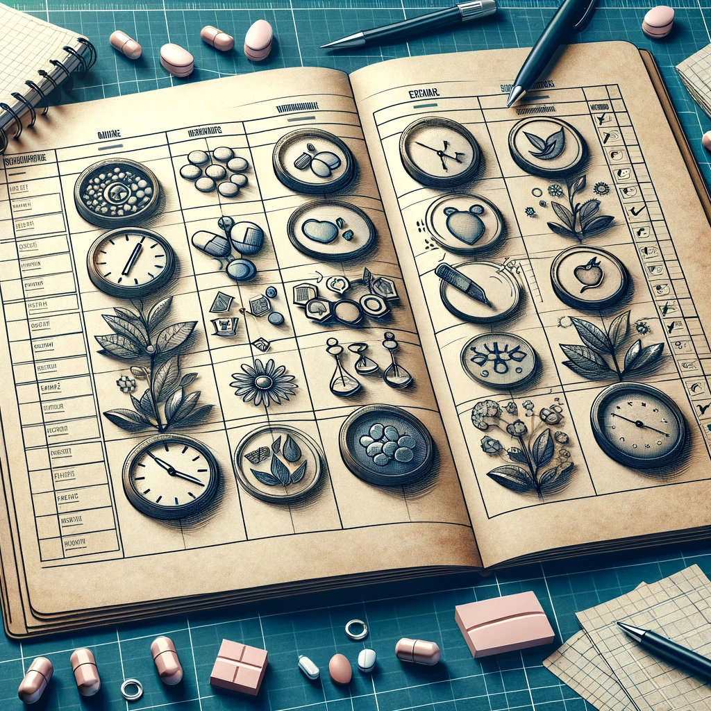 Optimizing Vitamin And Supplement Timing: A detailed planner filled with notes and symbols for different vitamins and supplements, illustrating the importance of scheduling for maximizing health benefits.