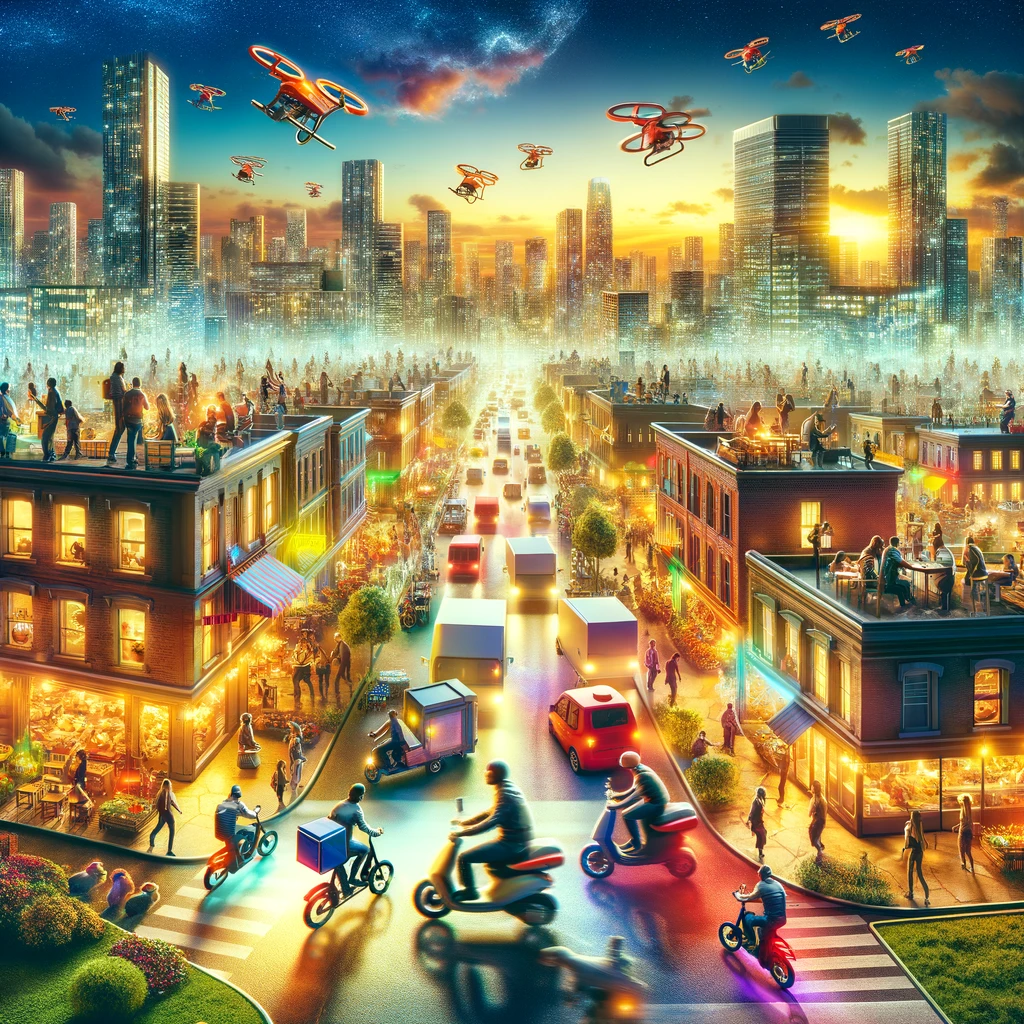 The Dynamics Of Food Delivery (Understanding The Uber Eats Landscape):
An image illustrating a bustling cityscape with various Uber Eats delivery riders navigating through streets, symbolizing the active and diverse environment of food delivery. The city is alive with the glow of restaurants and the movement of people, showcasing the lively ecosystem of Uber Eats.