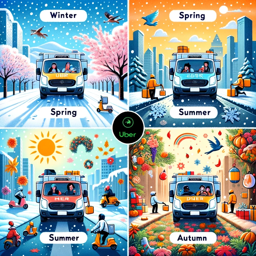 Navigating Through Seasons And Holidays:
An illustration capturing the essence of different seasons (winter, spring, summer, autumn) and holidays, showing Uber Eats drivers delivering in various weather conditions and festive decorations.