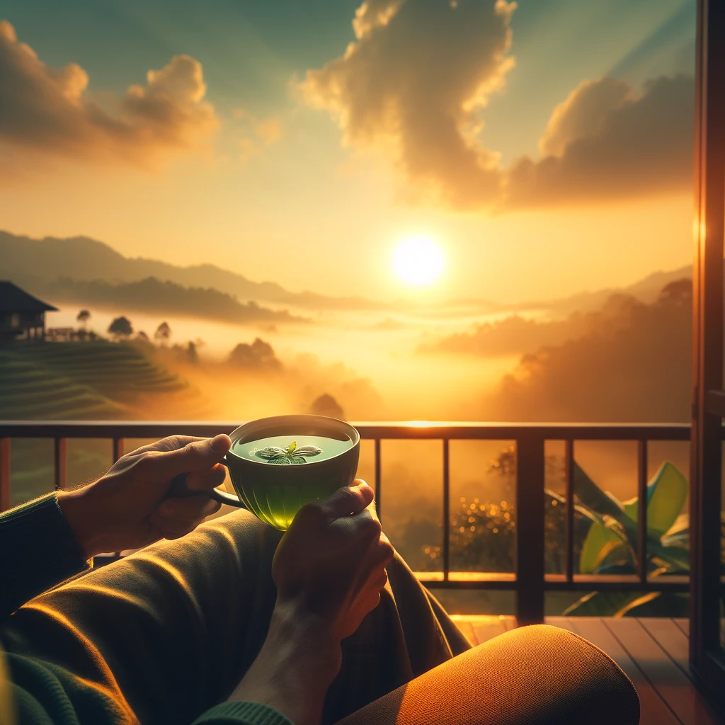 Morning Consumption: Rise And Shine With Green Tea:
A serene morning scene where a person enjoys a cup of green tea on a balcony overlooking a sunrise, symbolizing a fresh start to the day.