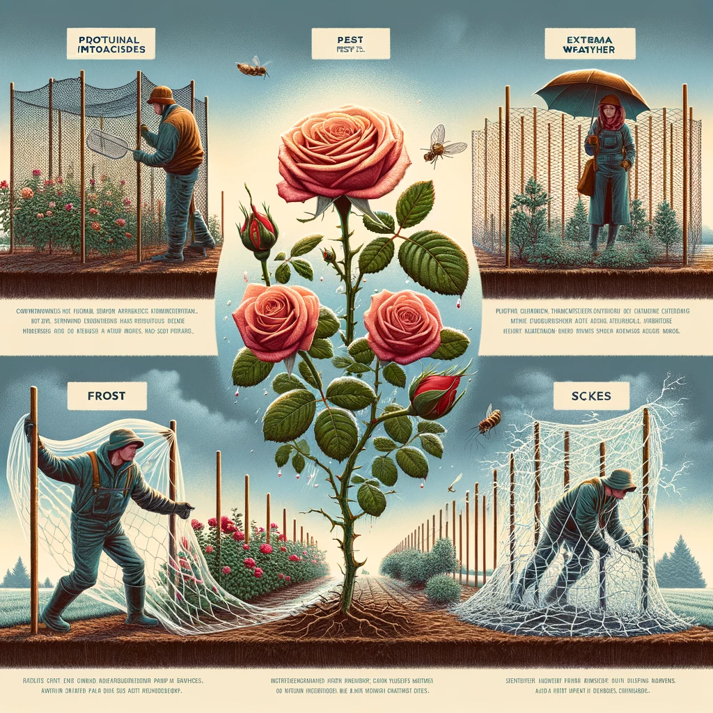 Addressing Common Challenges: Overcoming Transplantation Hurdles - An image illustrating common challenges faced during rose transplanting, like pests or extreme weather, with solutions being applied.