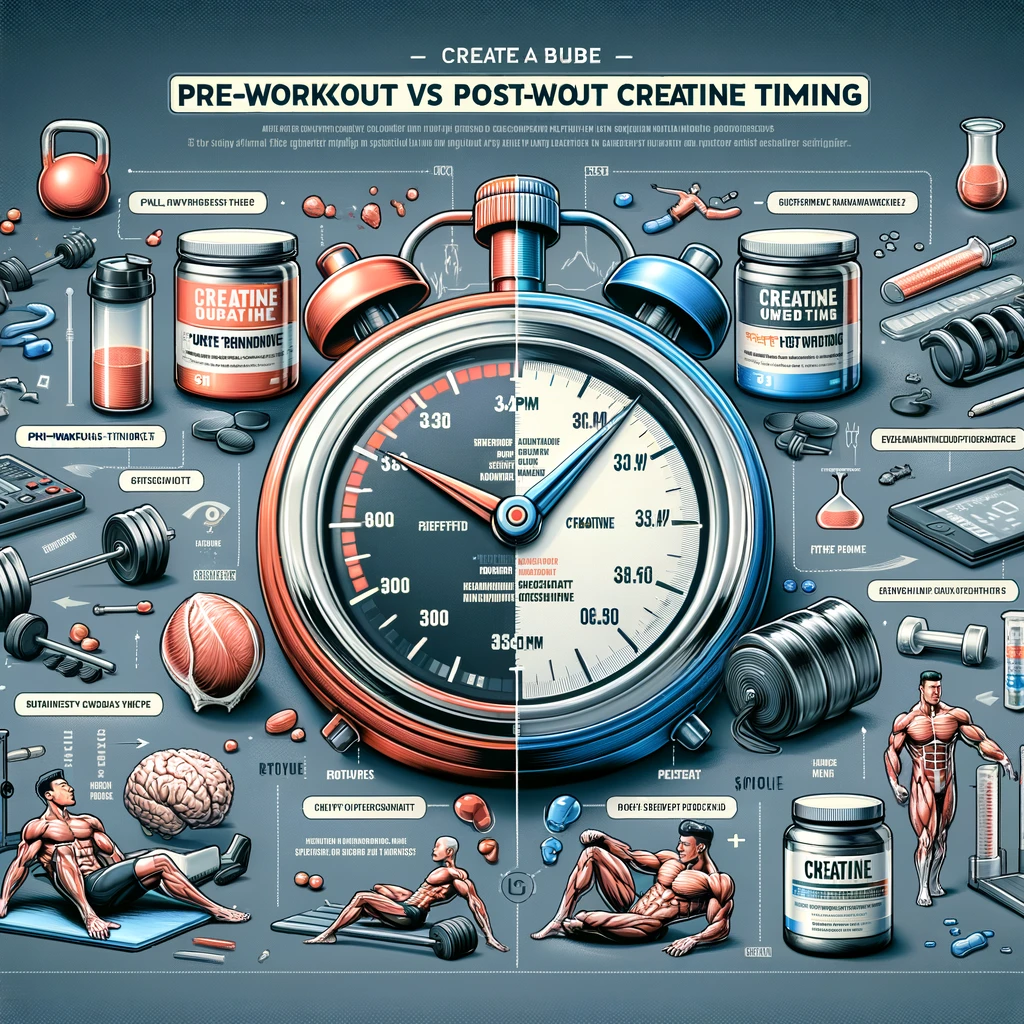 A visual guide highlighting the debate on pre-workout versus post-workout creatine timing.