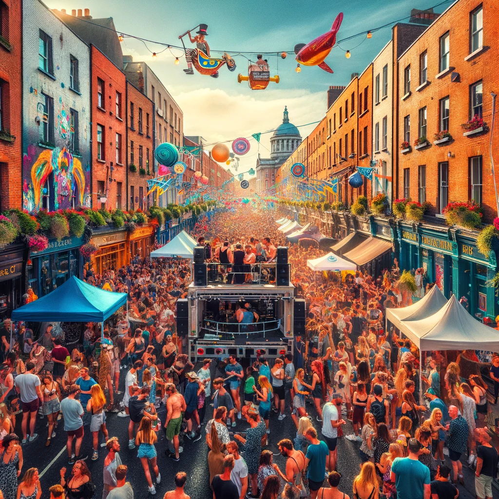 Lively Summer Vibrancy And Festivity: A bustling street scene filled with people enjoying a summer festival in Dublin, with colorful decorations and lively music.