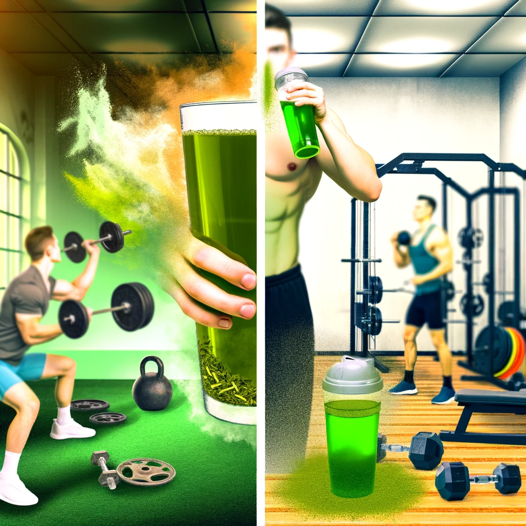 Pre And Post-Workout Timing: Fueling Your Workout:
A gym scene with two main focuses: one side showing a person drinking green tea before lifting weights and the other side showing post-workout relaxation with green tea.