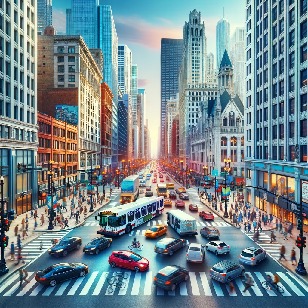 Navigating The Intricacies Of Chicago’s Traffic: A vibrant scene of a busy Chicago street, capturing the bustling urban environment and traffic complexity.