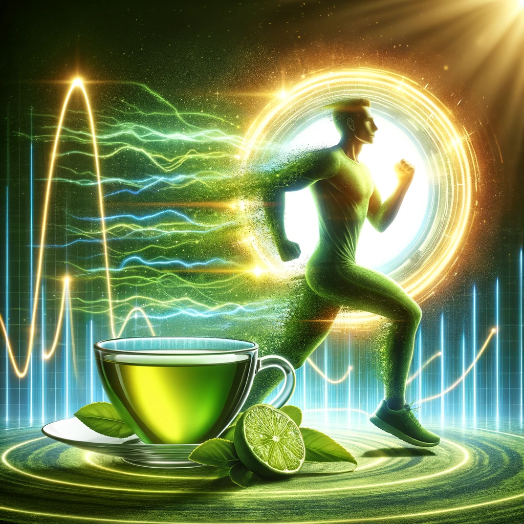 How Green Tea Affects Metabolism:
A visual metaphor showing a person jogging with a speed trail behind them, symbolizing metabolism. Nearby, a cup of green tea radiates energy waves, suggesting its boosting effect.