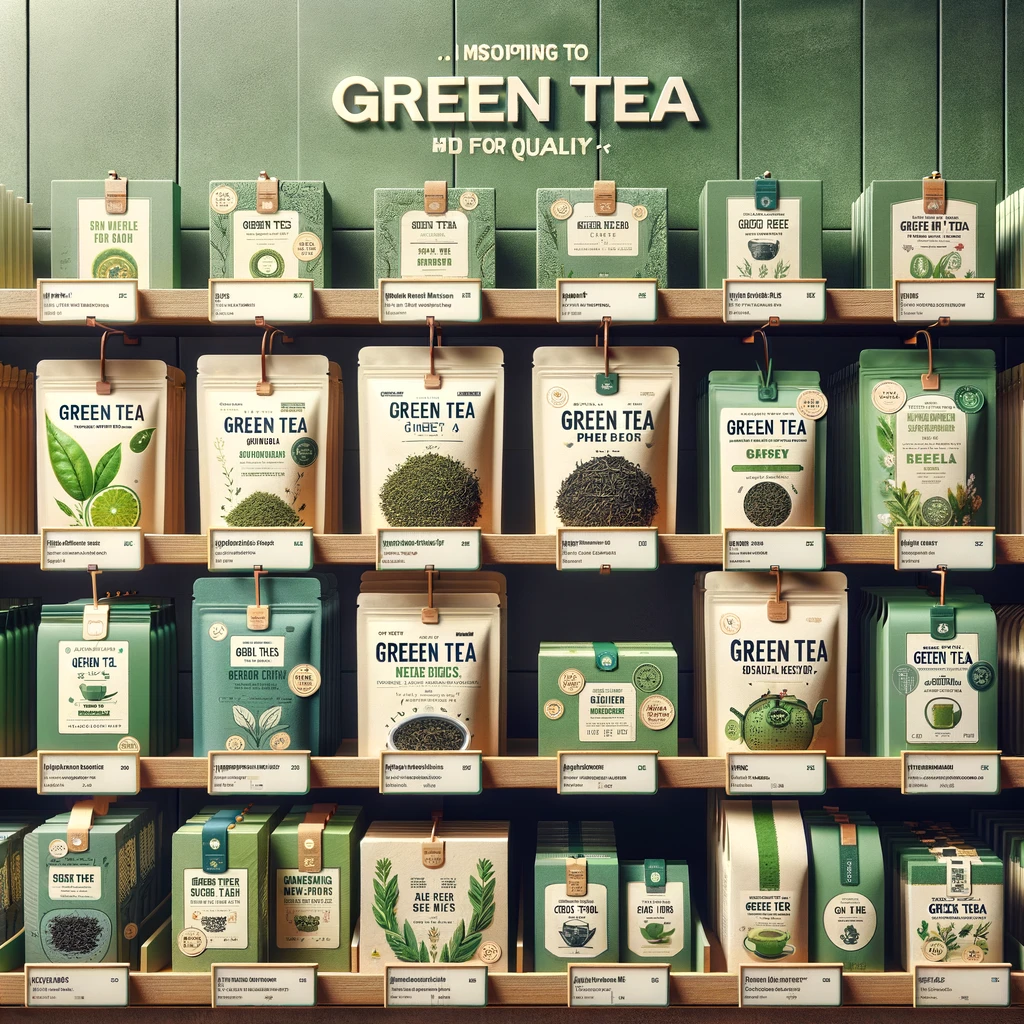 Recommended Green Tea Products:
A shelf with a variety of green tea products, each labeled with tags indicating benefits and quality, in a store setting.