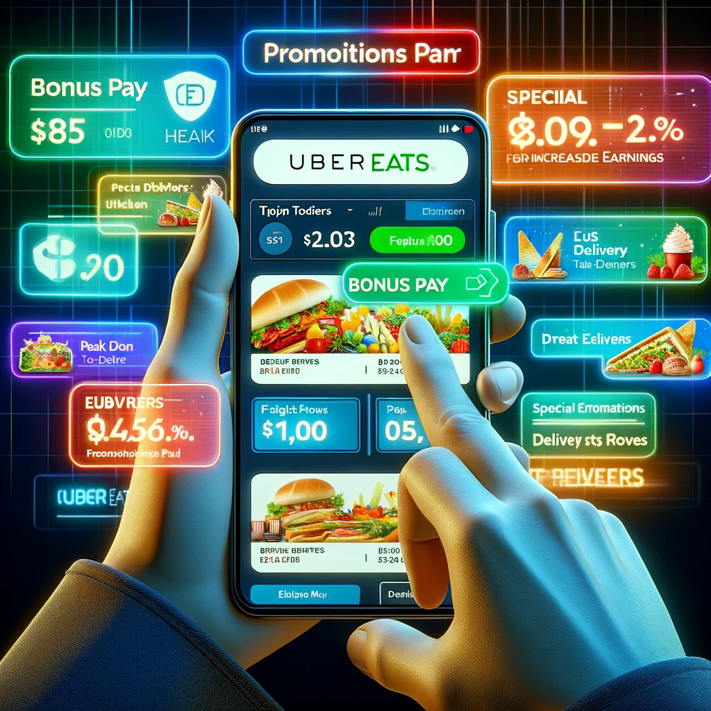 Leveraging Promotions And Special Offers:
An image of an Uber Eats app screen displaying various promotions and special offers, with a driver using this information to plan routes for increased earnings.