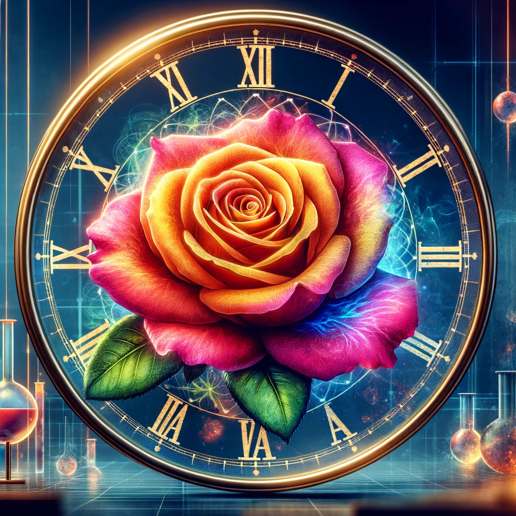 The Science Of Timing - An artistic rendering of a rose with a clock superimposed on it, symbolizing the importance of timing in the transplanting process.