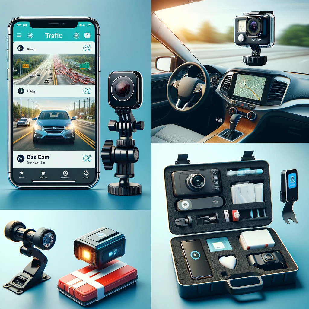 Product Recommendations For A Better Driving Experience: A collection of images showcasing recommended products like traffic apps, dash cams, and emergency kits, each highlighted for its utility in enhancing driving safety and convenience.