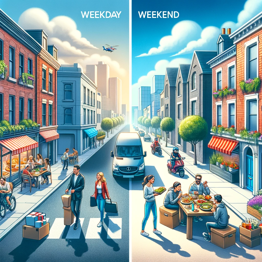 Weekday Vs. Weekend Deliveries:
A split-screen image showing the contrast between a weekday delivery scene in a business district during lunchtime and a weekend scene in a residential area with families ordering food.