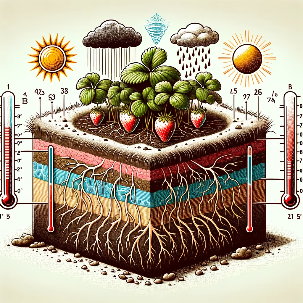 A detailed illustration showing how soil temperature and weather conditions affect strawberry planting.