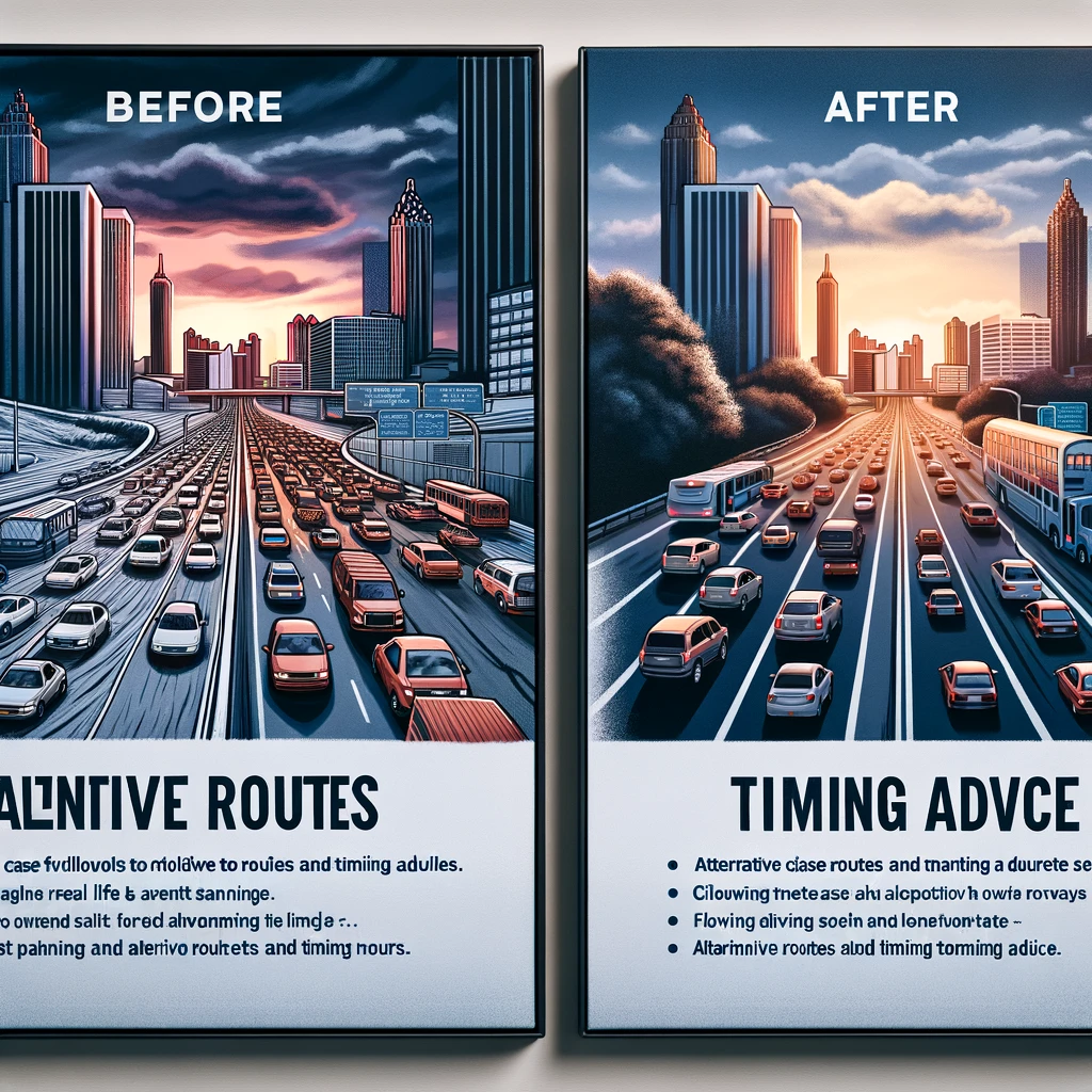 Features a before and after scenario of navigating traffic in Atlanta, demonstrating the effectiveness of strategic planning in avoiding congestion.