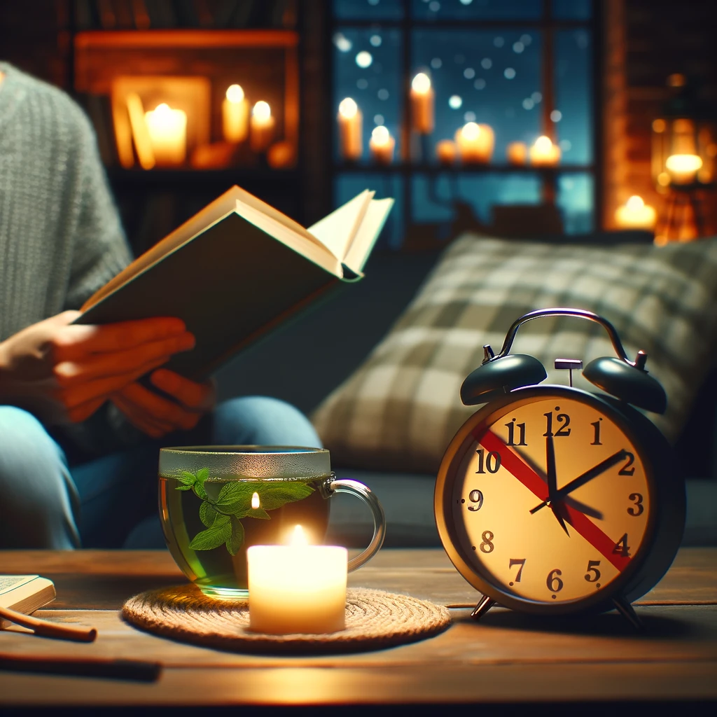 Evening Intake: Debunking Myth:
A cozy evening setting in a living room with a person sipping green tea while reading a book, a crossed-out clock in the background suggesting the myth about not drinking tea at night.