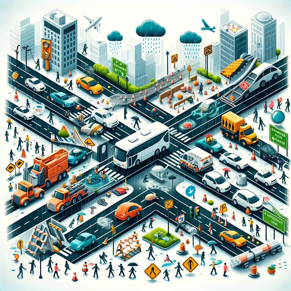 Illustrates various factors affecting traffic flow, such as weather, accidents, construction, and events, in a complex city scene.