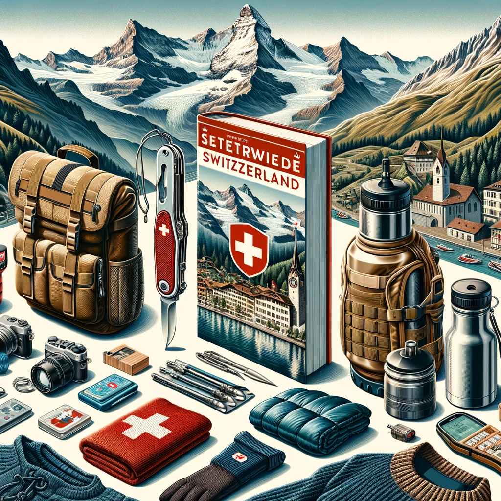 An array of essential gear and souvenirs for travelers visiting Switzerland, set against iconic Swiss landmarks.