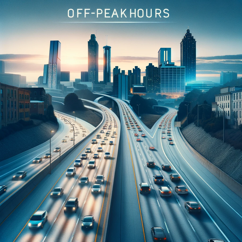 Showcases the smooth flow of traffic during off-peak hours, with an almost empty highway illuminated by early morning light.