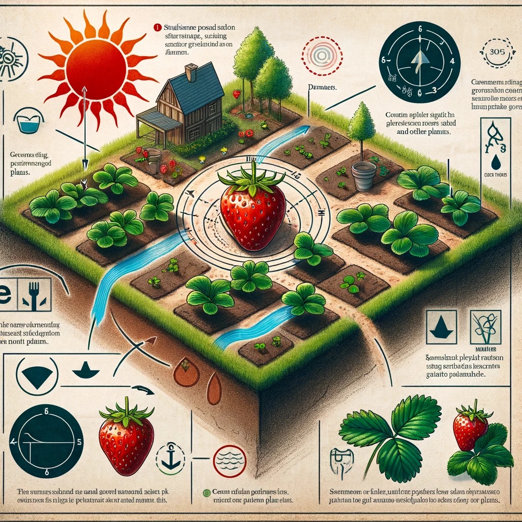 An informative illustration on choosing the optimal location for planting strawberries, considering factors like sunlight and drainage.