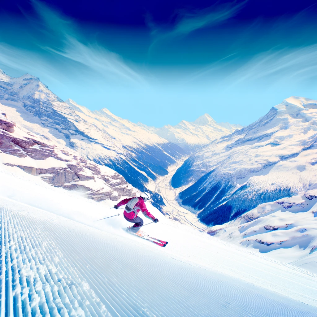 An exhilarating depiction of skiing on the pristine slopes of the Swiss Alps.