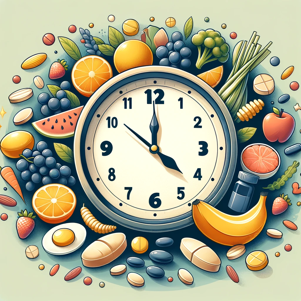 Factors Influencing The Best Time To Take Vitamins: An illustration featuring a clock encircled by an assortment of foods and vitamin pills, underscoring the various lifestyle and dietary factors that determine the optimal timing for vitamin intake.