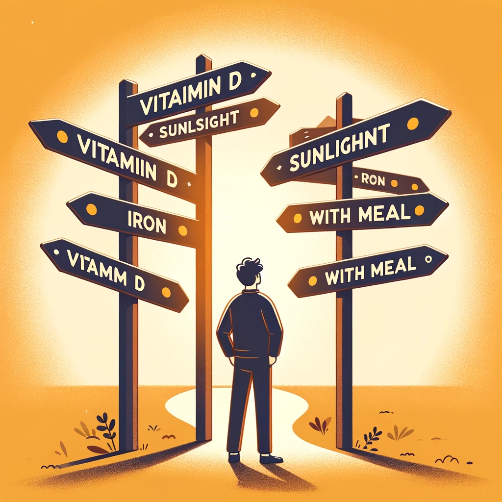 Special Considerations: An imaginative scene of a person at a crossroads with signposts labeled with various vitamins and their specific intake considerations, highlighting the importance of tailored advice for effective vitamin use.