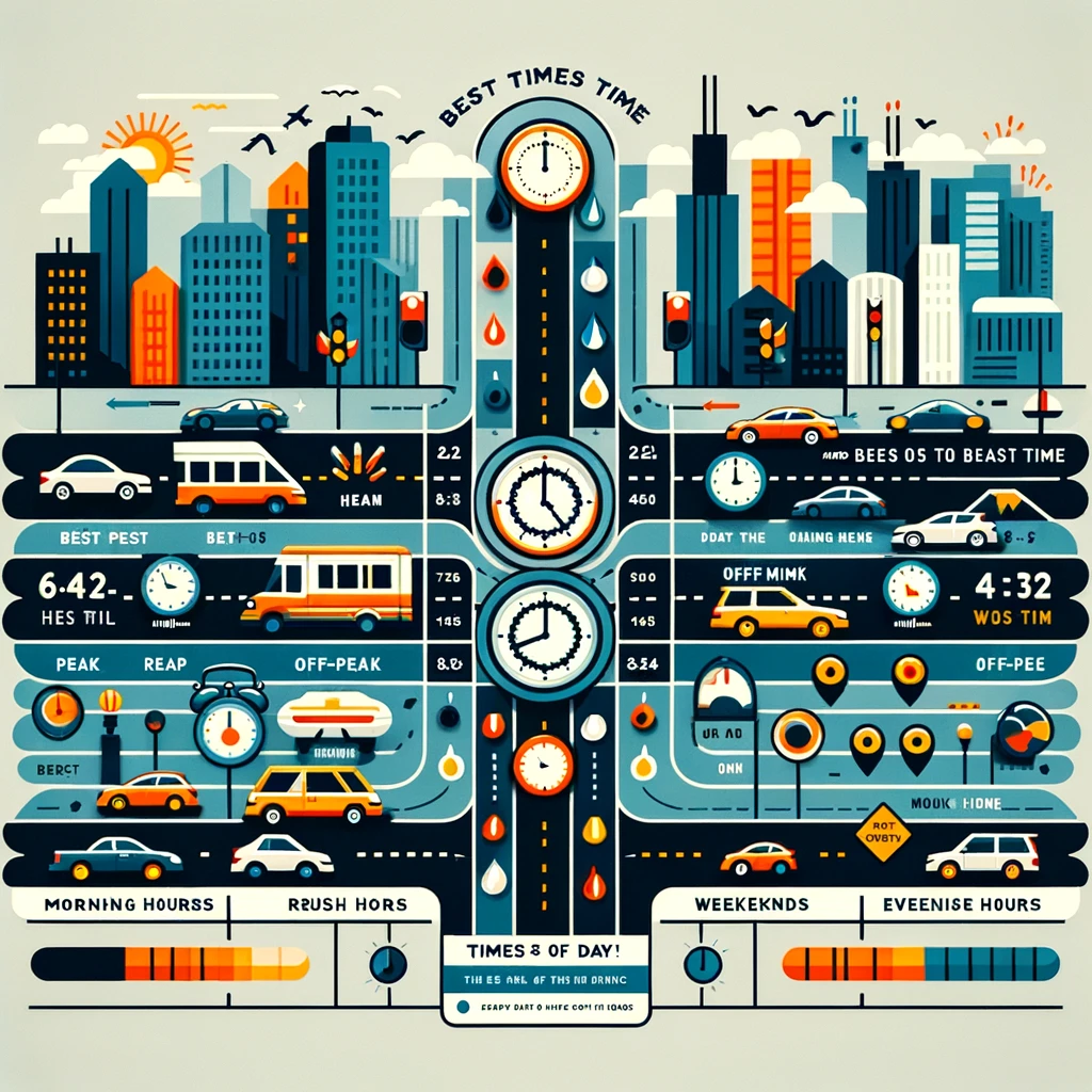 Optimal Driving Times In Chicago: An infographic summarizing the best and worst times to drive, with visual cues for peak and off-peak hours.