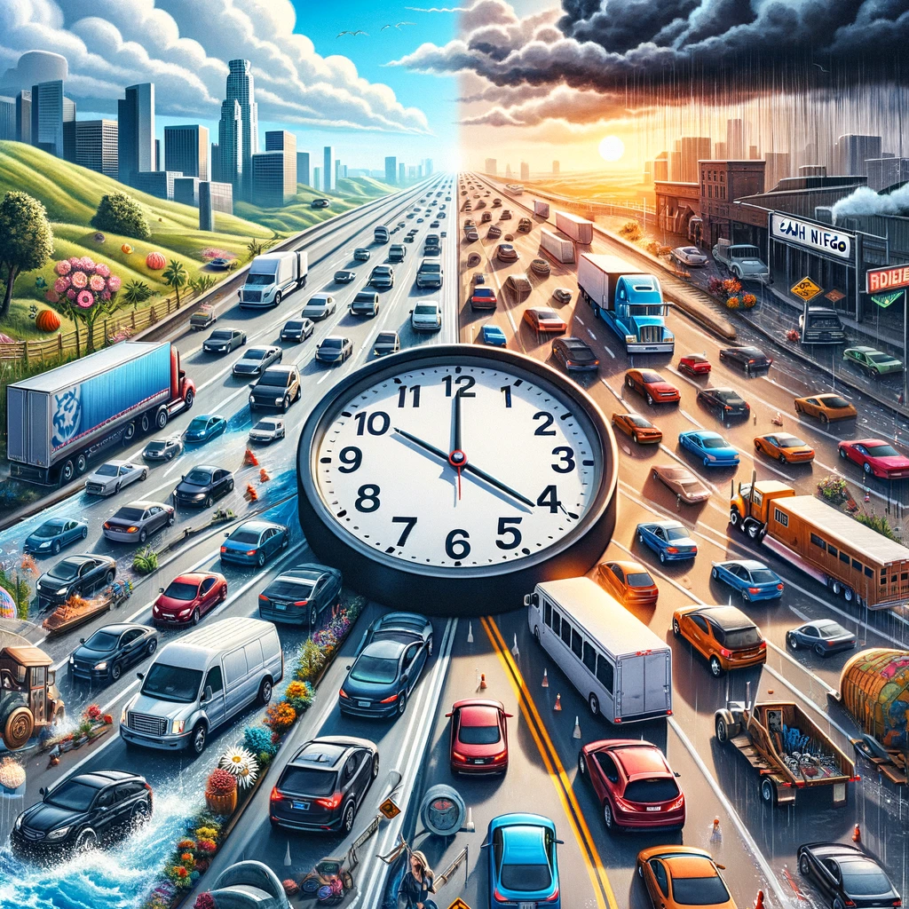 Factors Affecting Timing Of Drive: Depicts the complexities of choosing the best time for the drive, incorporating elements like traffic congestion, weather, and time of day.