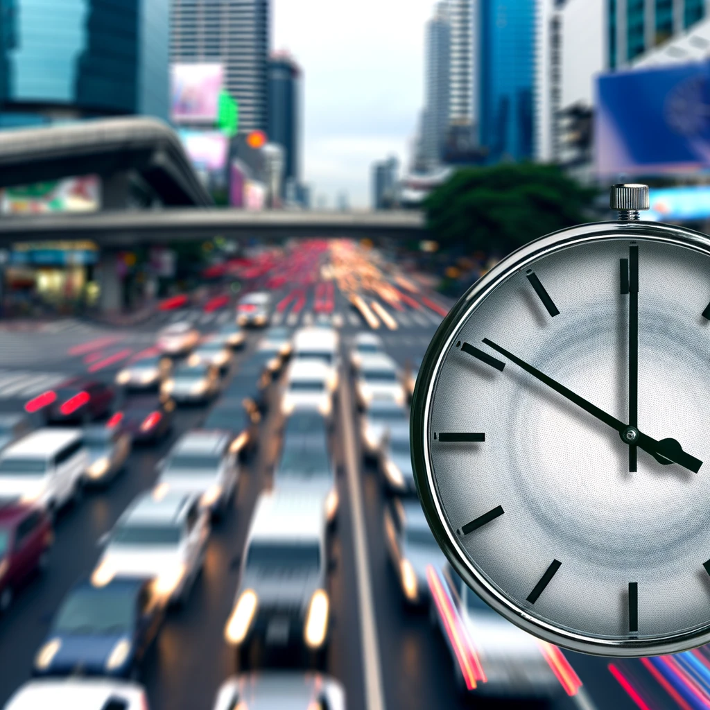 An image showing the importance of timing with a large analog clock on a busy city street, suggesting urgency against a backdrop of urban life.